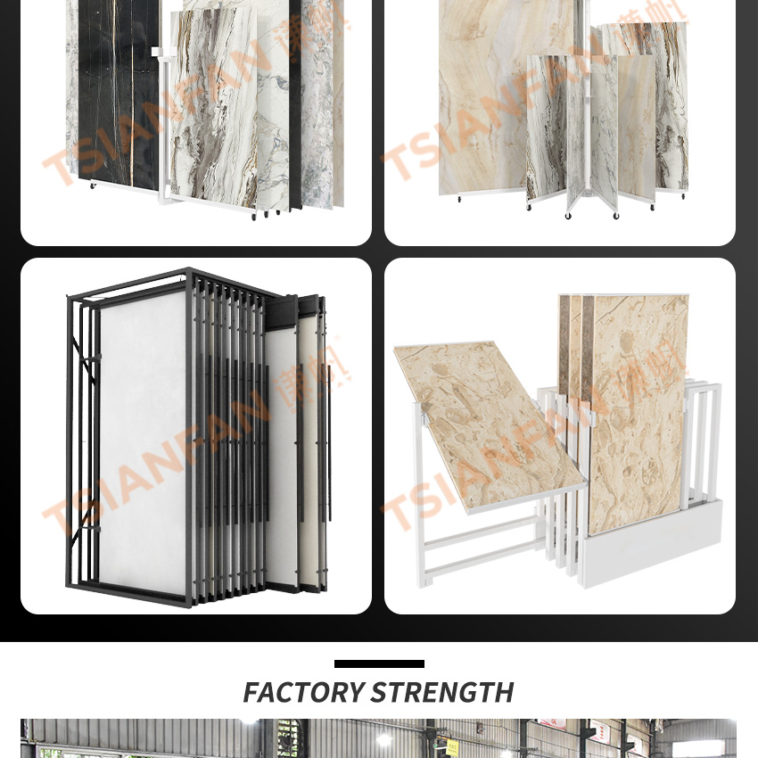 Tsianfan Hanging Sliding Granite Marble Panel Display Carpet Slab Sintered Stone Stand Showroom Tile Display Rack With Light