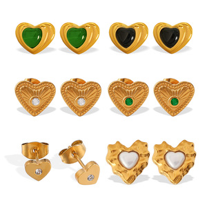 Heart-Shaped Stud <b>Earrings</b> Gold Plated Zinc Alloy With <b>Green</b> Black Stone Bezel Setting For Women Fashion Jewelry - Product Image 5
