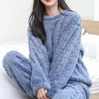 I-0509 femmes décontracté flanelle polaire pyjamas à manches longues col rond couleur unie Offre Spéciale épaissi hiver maison porter deux pièces ensemble