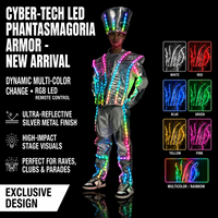 Costume de performance lumineux LED style cyberpunk pour homme adulte, avec casque argenté haute performance et éclairage multicolore, idéal pour les soirées Rave