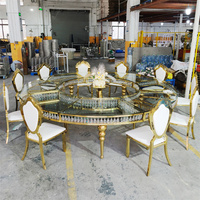 Lisse prix de gros S-340cm double couche dessus en verre meubles doré pied en acier inoxydable dessus en verre table de mariage en serpentine
