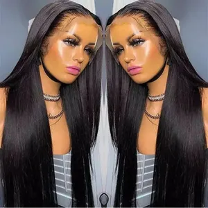 Wig Renda Depan Tanpa Lem Lurus Tulang dengan Rambut Bayi Brasil Virgin Transparan Renda Frontal Rambut Manusia Hitam Alami