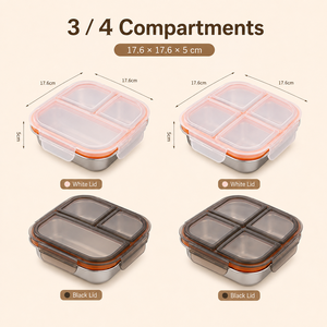 3 Compartment Stainless Steel Bento <b>Lunch</b> <b>Box</b> With Plastic Lid Leakproof Food Container For Adults Modern Rectangle Design - Product Image 4