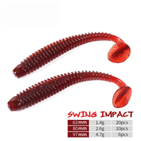 Appâts souples en PVC spirale 63mm 80mm 97mm, salés et parfumés, avec queue en T, paillettes laser et double crochet à rainure pour la pêche au bar, à la truite et en eau douce