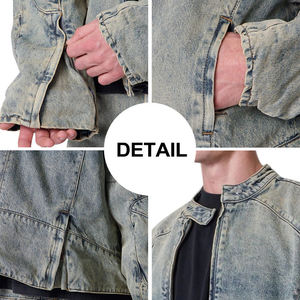 Veste en jean vintage délavée sur mesure pour homme, style hip-hop décontracté avec fermeture éclair, coupe ample, style streetwear - Product Image 6