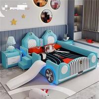 Lit en forme de voiture bleu JS avec échelle et toboggan pour chambre de garçon, lit moelleux, cadre en bois massif, design personnalisé, meubles pour enfants
