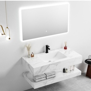 Meuble-lavabo mural moderne CR blanc avec double vasque en céramique sans joint et miroir LED - Product Image 1
