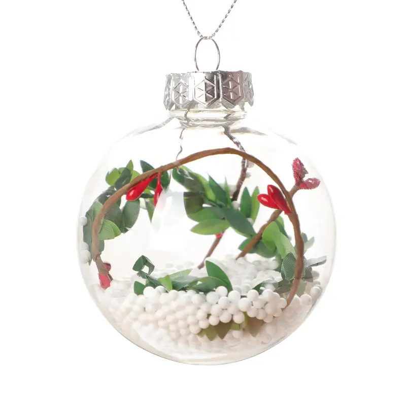 Boule en plastique transparente en gros d'usine 6cm 8cm 10cm forme ronde avec impression UV remplissable pour la décoration d'arbre de Noël
