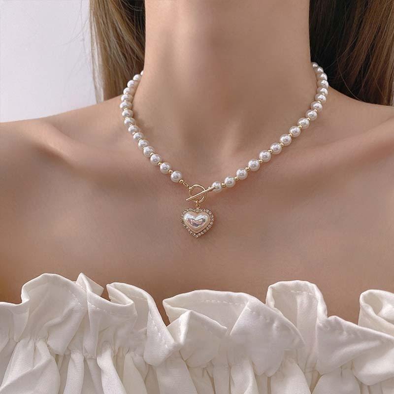 Hot Sale Flash Diamond Heart Pearl Clavicle Chain Women's Party