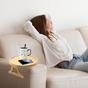 Wooden Sofa Armrest Tray Round With <b>Legs</b> Foldable Storage Rack For Sofa <b>Table</b> Natural Wood Color - Product Image 3