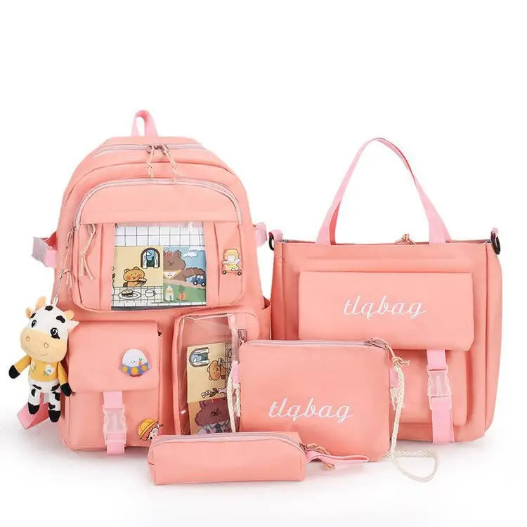 Mherder 4 Pcs Set Children's School Bag Kawaii School Backpack For Teenager Girls Anti-Theft Travel Backpack With Bear Pendant