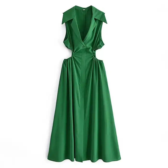 QZ520-Vestido largo de Color verde liso para mujer, vestido elegante con aberturas laterales, ajustado en la cintura, 1 ud., 2022