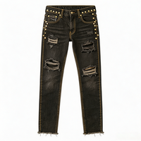 Jean droit vintage noir en denim pour homme, respirant, imprimé, déchiré, clouté or, ourlet effiloché, logo personnalisé, printemps-été, haute qualité