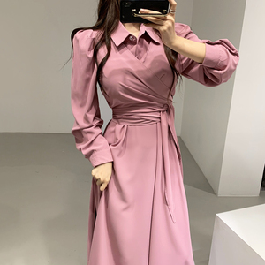 Abito Lungo Elegante Coreano Autunnale 2026 con Colletto, Design Incrociato e Cintura in Vita, Maniche Lunghe - Product Image 1