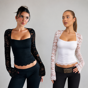Women's White Square Neck Lace Crop Long Sleeve T-Shirt Y2K Club Sexy Top Summer Hot Sale Streetwear Blouse - Product Image 1