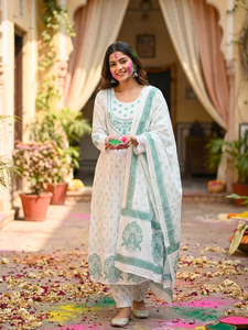 Ensemble Anarkali Kurta imprimé floral vert sauge pour femme, tenue de fête ethnique, longue robe évasée avec dupatta, tenue de fête - Product Image 3