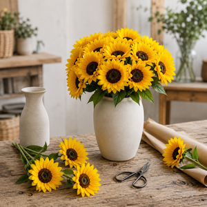 Fleur artificielle <span class=keywords><strong>de</strong></span> tournesol en <span class=keywords><strong>soie</strong></span> <span class=keywords><strong>de</strong></span> 41 cm, tige unique avec feuilles, pour mariage, fête, décoration <span class=keywords><strong>de</strong></span> table, décoration intérieure, vente en gros - Product Image 3