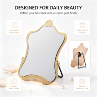 Miroir de maquillage de style baroque personnalisable, cadre en métal de haute qualité avec support pliable, miroir de table pour salons de beauté
