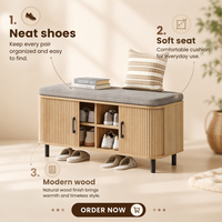 Banc de rangement rustique pour entrée OEM ODM avec portes coulissantes à tambour rainurées, compartiments ouverts, coussin et pieds en métal noir