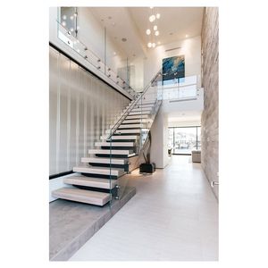 <span class=keywords><strong>Escalier</strong></span> central préfabriqué sur mesure avec marches en bois modernes, poutre simple en acier, <span class=keywords><strong>escalier</strong></span> flottant et garde-corps en verre pour hall <span class=keywords><strong>de</strong></span> maison - Product Image 1