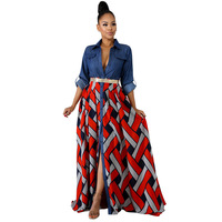Robe décontractée personnalisée pour l'automne Chemise boutonnée à manches longues en denim imprimé patchwork Robe décontractée Robe africaine