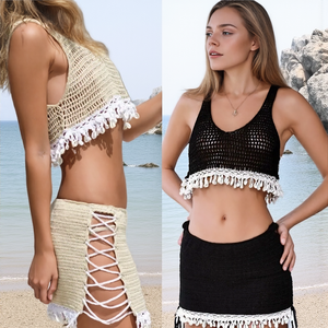 Ensemble bikini 2 pièces en acrylique fait main, sans manches, <span class=keywords><strong>dos</strong></span> <span class=keywords><strong>nu</strong></span>, avec jupe courte, maillot de bain respirant au crochet, couleur unie, coupe classique - Product Image 1
