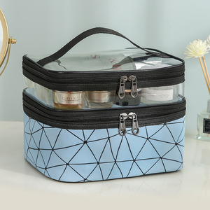 Cosmetic Bag Portable Zippered Travel <b>Makeup</b> <b>Case</b> Green Geometric Design Dual Compartment Storage Organizer - Product Image 3