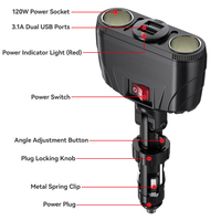 Chargeur rapide 2 ports 120W 12V 24V 3.1A Prise de charge rapide avec prise verrouillable Prise allume-cigare USB pour voiture Interrupteur allume-cigare pour voiture