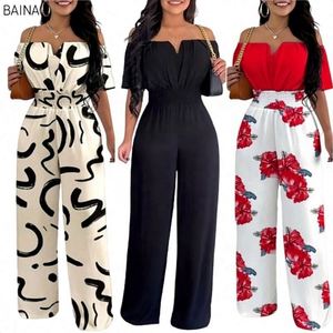 <b>Women</b> Slash Neck High Waist Wide Pants <b>Overalls</b> V-Neck Short Sleeve Summer Casual Jumpsuits - Product Image 1