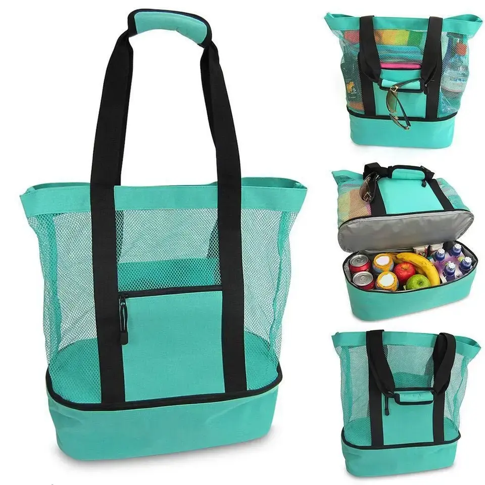 Vente chaude Réutilisable Shopping Double Couche Isolation Refroidisseur Plage Mesh Sac Fourre-Tout