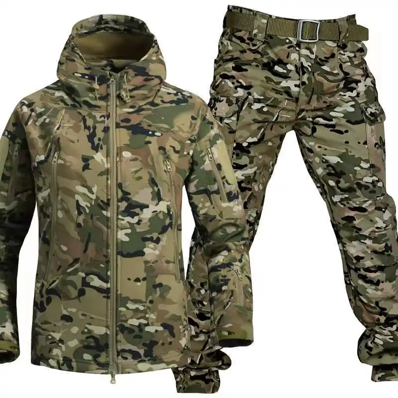 Uniforme Softshell con logotipo personalizado, chaqueta y pantalones tácticos impermeables para acampar al aire libre y senderismo, traje de caza