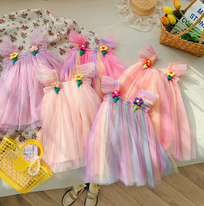 Wholesale 2024 Rainbow gauze girl dress 3D flower fly sleeve puffy skirt