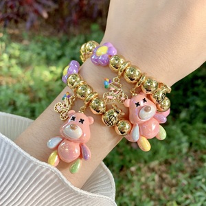 Bracelet pendentif ours mignon <span class=keywords><strong>BD</strong></span>-C5735 pour fête, bracelet en <span class=keywords><strong>perles</strong></span> dorées, bracelet élastique <span class=keywords><strong>de</strong></span> haute qualité pour femmes, vente en gros - Product Image 1