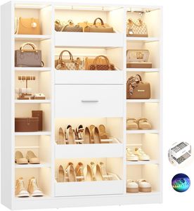 <span class=keywords><strong>Meuble</strong></span> à chaussures en bois au design moderne, 7 étagères, éclairage LED, étagère à chaussures portable, gain de place, écologique, pour la maison et l'hôtel - Product Image 1