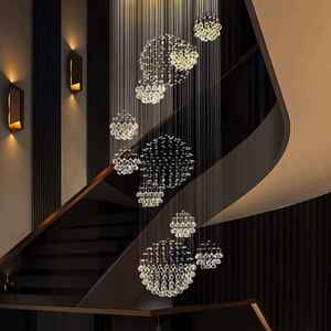 Lustre moderne à escalier tournant, plafond haut, grand lustre en cristal en forme de goutte de pluie, chaîne en spirale - Product Image 3