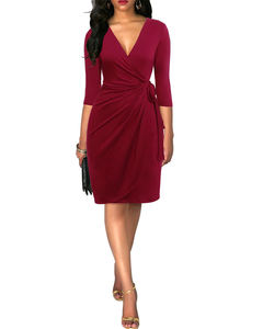 Événement de Noël Robe moulante froncée pour femmes Robe sexy col en V longueur genou Robe hanche étreinte pour <span class=keywords><strong>tenue</strong></span> de soirée Club Party - Product Image 1