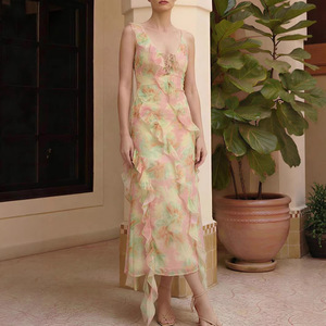 Vestido de Noche Largo de Gasa con Estampado Floral y Hombros Descubiertos, Cintura Imperio, Cremallera Frontal, Translúcido, Vestido de Moda para Mujer - Product Image 2
