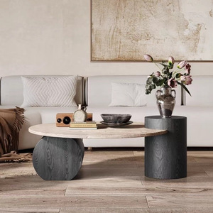 Wabi Sabi Style <b>Round</b> Natural Travertine Coffee <b>Table</b> Black <b>Walnut</b> Marble Top For Living Room Home Use - Product Image 1