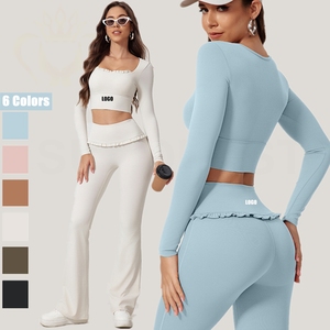 Completo Yoga da Donna con Pantaloni a Vita Alta Modellanti e Top a Collo Quadrato con Imbottitura, Maniche Lunghe, per <span class=keywords><strong>Palestra</strong></span> e Fitness - Product Image 1