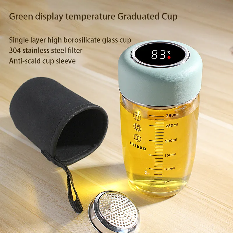 الإبداعية زجاج بوروسيليليك مرتفع طالب المحمولة كوب ذكي درجة الحرارة عرض المياه زجاجة مع التدابير