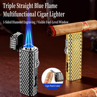 Briquet à cigares triple flamme avec support, coupe-cigare, fenêtre de niveau de carburant visible et corps en alliage
