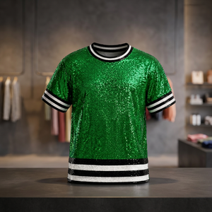 Camiseta de Lentejuelas a Rayas para Hombre, Verde, Manga Corta, Sin Cuello, Corte Regular, Cintura Natural, Logotipo Personalizado, Informal, para Fiesta - Product Image 3