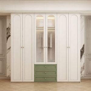 Armoire moderne crème et verte avec éclairage LED et portes vitrées, <span class=keywords><strong>meuble</strong></span> <span class=keywords><strong>de</strong></span> rangement écologique et peu encombrant pour chambre à coucher - Product Image 2