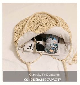 Sac de plage tressé en paille à grande capacité pour femme, avec fermeture éclair et pompon ajouré, vente en gros d'usine - Product Image 5