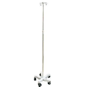 Portable IV stand with pentagonal base, tray handle, and casters for elderly patients and hospital beds. - Product Image 2