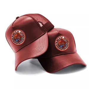 High quality custom 5 panel PU leather mesh trucker baseball cap hat with woven patch