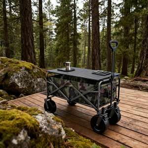 Platform logam empat roda berkemah luar ruangan, belanja piknik lipat taman kereta gandeng belakang dengan papan meja - Product Image 2