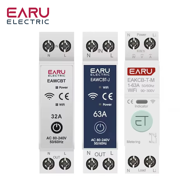 EARU ELE Tuya WiFi Smart MCB Time 1P+N 1-63A Power Energy kWh Voltage Current Meter Protector Voice Remote Control Switch EAWCBT