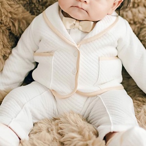 Veste à col tournant pour bébé garçon <span class=keywords><strong>de</strong></span> 0 à 3 mois avec bordure en soie champagne Tenues en coton 3 pièces avec poches Tenues <span class=keywords><strong>de</strong></span> baptême pour bambins - Product Image 3