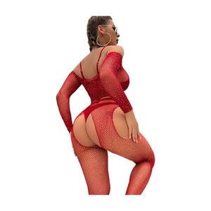 女性用ラインストーンセクシーフィッシュネットトップ & タイツセットシィスルーランジェリー光沢のあるメッシュセクシー下着 - Product Image 6